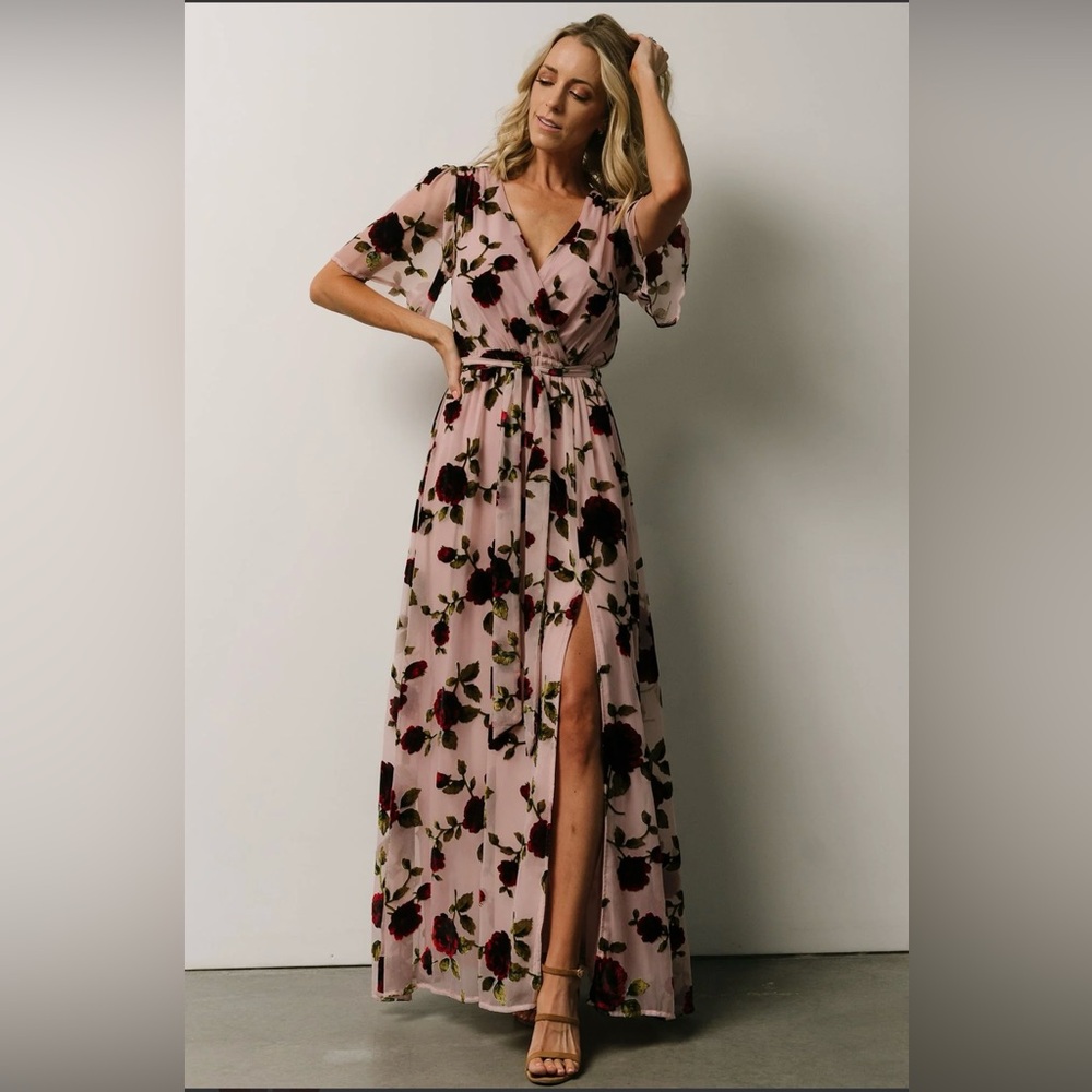 Baltic Born - Parisian Velvet Maxi Dress, Blush Rose Floral, Large